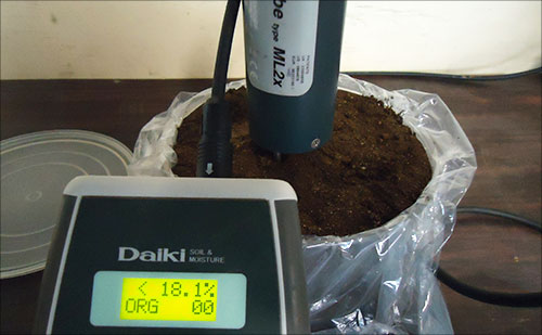 土壌水分計で検査する土壌の水分を測定し、記録します