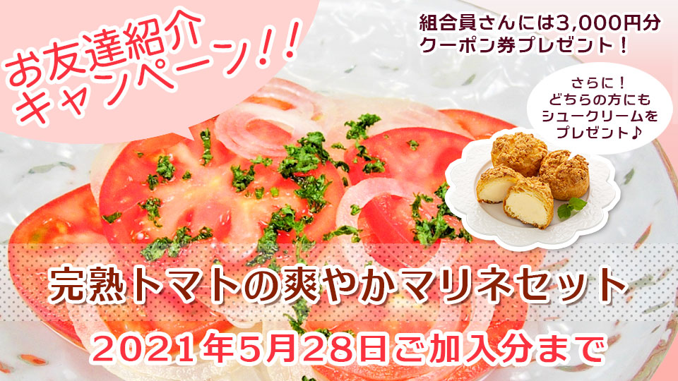 お友達紹介キャンペーン 完熟トマトの爽やかマリネセット
2021年5月28日ご加入分まで
ご紹介いただいたあなたと新しくご加入いただくお友だちにも嬉しい特典がいっぱい♪